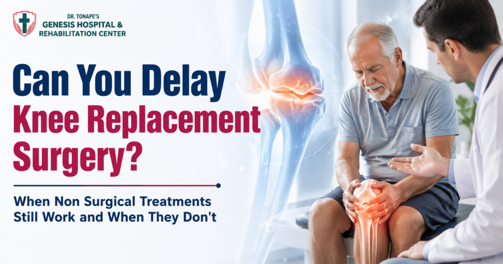 An orthopedic awareness banner by Dr. Tonape's Genesis Hospital & Rehabilitation Center featuring the headline "Can You Delay Knee Replacement Surgery?" The image shows an elderly man holding his painful knee while consulting an orthopedic doctor, alongside a highlighted knee joint illustration, emphasizing non-surgical treatment options before knee replacement.
