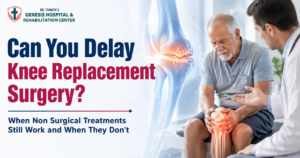 An orthopedic awareness banner by Dr. Tonape's Genesis Hospital & Rehabilitation Center featuring the headline "Can You Delay Knee Replacement Surgery?" The image shows an elderly man holding his painful knee while consulting an orthopedic doctor, alongside a highlighted knee joint illustration, emphasizing non-surgical treatment options before knee replacement.