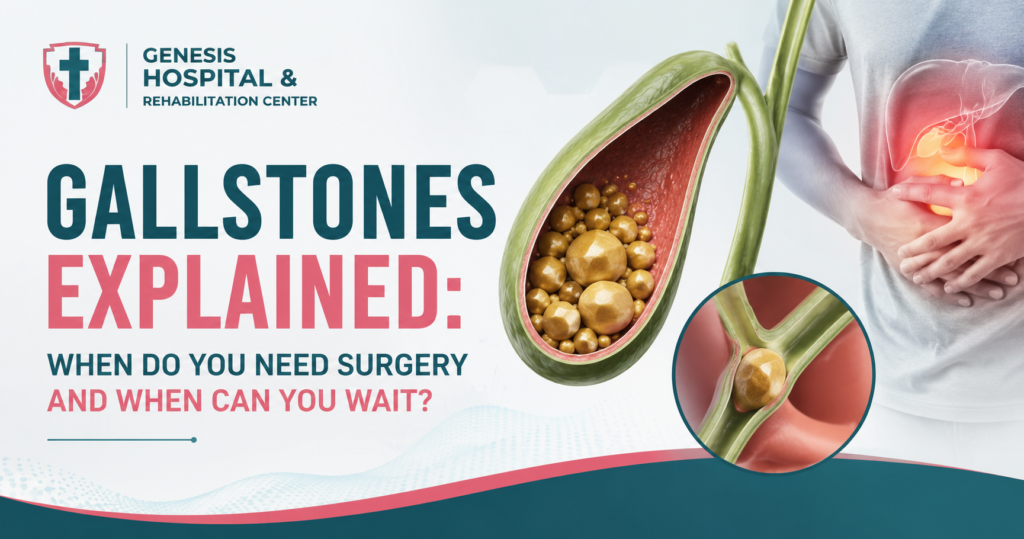 Medical blog cover illustrating gallstones inside the gallbladder with the title "Gallstones Explained: When Do You Need Surgery and When Can You Wait?" alongside the Genesis Hospital & Rehabilitation Center logo.