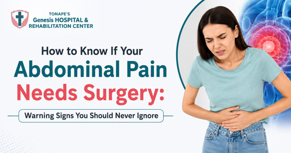 How to Know If Your Abdominal Pain Needs Surgery? Medical blog banner featuring the Tonape's Genesis Hospital & Rehabilitation Center logo and a patient holding her abdomen, highlighting warning signs that may require surgical evaluation.