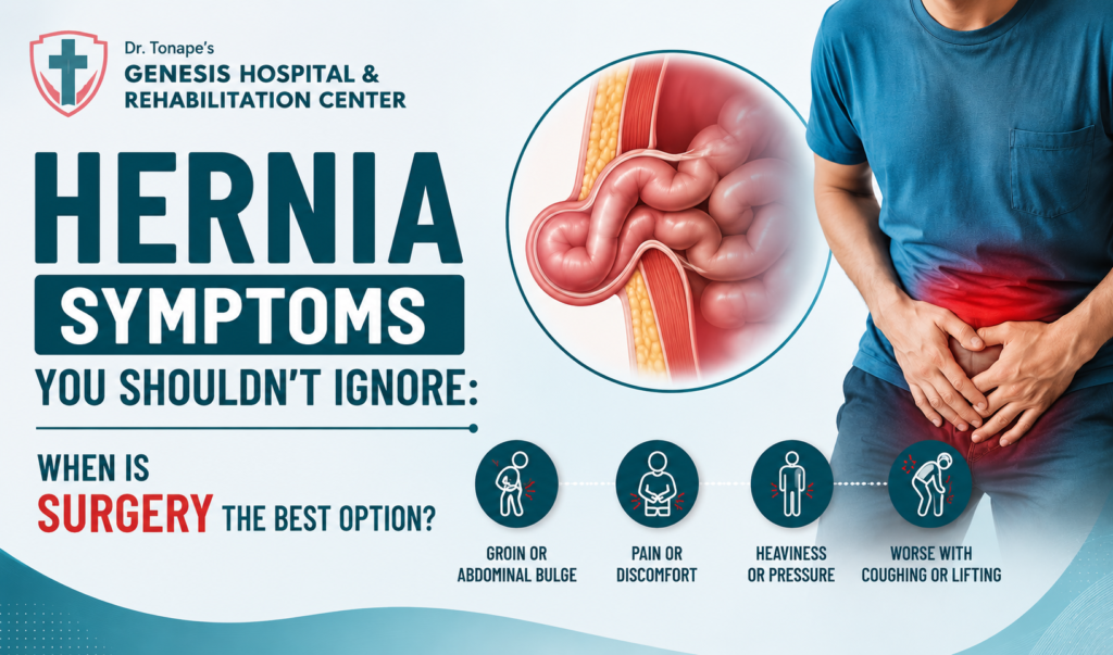 Hernia symptoms infographic showing common warning signs including an abdominal or groin bulge, pain or discomfort, heaviness or pressure, and symptoms that worsen with coughing or lifting.