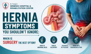 Hernia symptoms infographic showing common warning signs including an abdominal or groin bulge, pain or discomfort, heaviness or pressure, and symptoms that worsen with coughing or lifting.