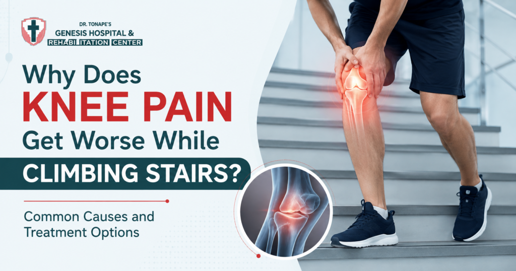 Medical banner illustrating a person experiencing knee pain while climbing stairs with the title "Why Does Knee Pain Get Worse While Climbing Stairs? Common Causes and Treatment Options" and the Genesis Hospital & Rehabilitation Center logo.