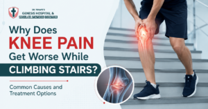 Medical banner illustrating a person experiencing knee pain while climbing stairs with the title "Why Does Knee Pain Get Worse While Climbing Stairs? Common Causes and Treatment Options" and the Genesis Hospital & Rehabilitation Center logo.