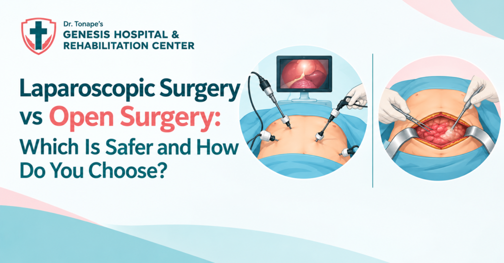 Medical illustration comparing laparoscopic surgery with small abdominal incisions and open surgery with a larger incision, explaining surgical options and safety.