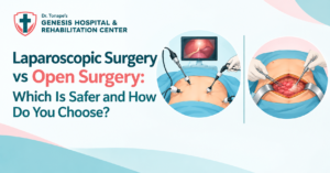 Medical illustration comparing laparoscopic surgery with small abdominal incisions and open surgery with a larger incision, explaining surgical options and safety.